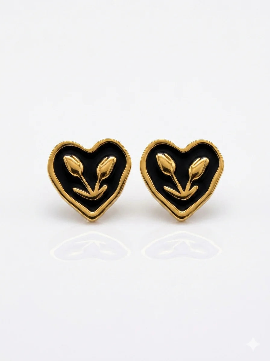 Black Heart Floral Stud Earrings