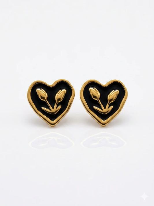 Black Heart Floral Stud Earrings
